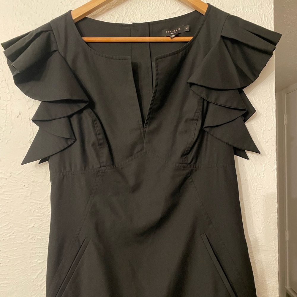 Ted Baker London Black Pencil Black Ruffle Sleeve Dress Size 4 - Picture 6 of 9